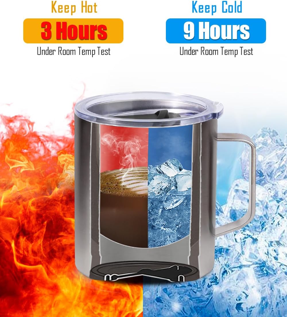 SUNWILL Travel Coffee Mug with Lid, Insulated Tumbler with Handle, 14 oz Stainless Steel Cup for Home, Office, Camping, Powder Coated Charcoal