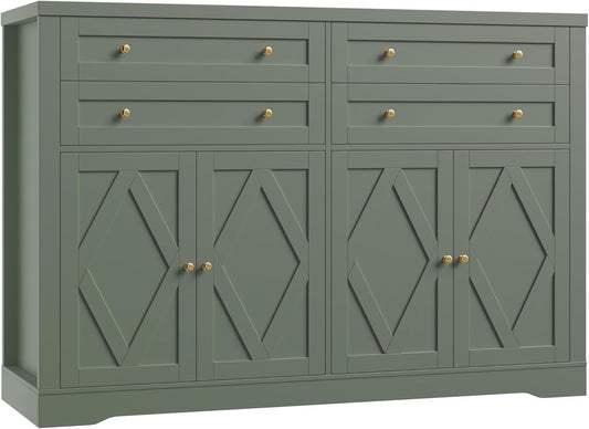 HOSTACK 55" Coffee Bar with 4 Large Drawers, 40" Tall Buffet Cabinet with Storage, Kitchen Storage Cabinet, Modern Farmhouse Sideboard Buffet, Adjustable Shelves for Living Room, Green