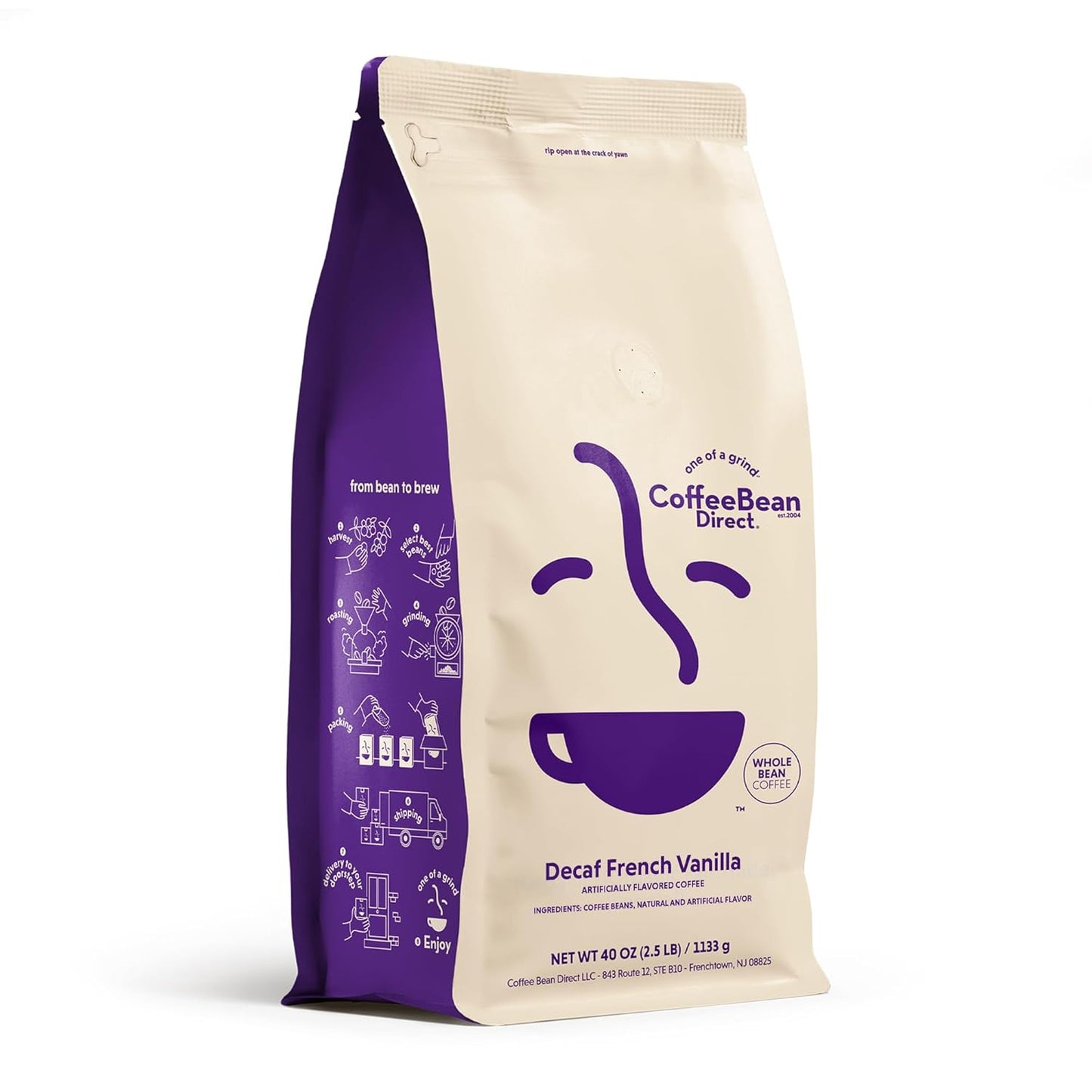 Coffee Bean Direct Decaf French Vanilla Flavored, Whole Bean Coffee, 2.5 Pound Bag (Pack of 1)
