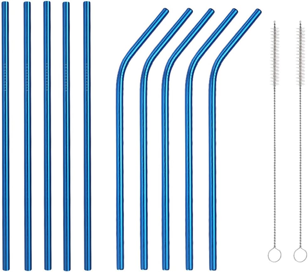 10 Pcs Stainless Steel Straws, Reusable Drinking Straws, 5 Straight + 5 Bent Metal Straws Set With 2 Pcs Cleaning Brushes (Blue, 10.5 Inch)