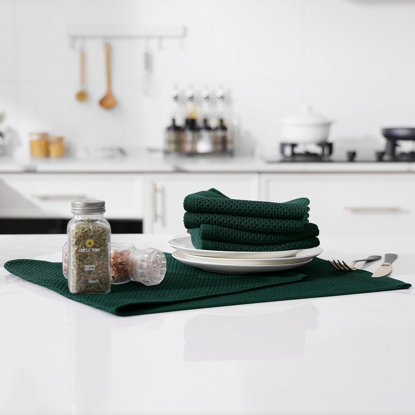 Kitinjoy 100% Cotton Waffle Weave Kitchen Towels, 4-Pack Super Soft and Absorbent Dish Towels for Drying Dishes, Kitchen Hand Towels, 13 in x 28 in, Blackish Green