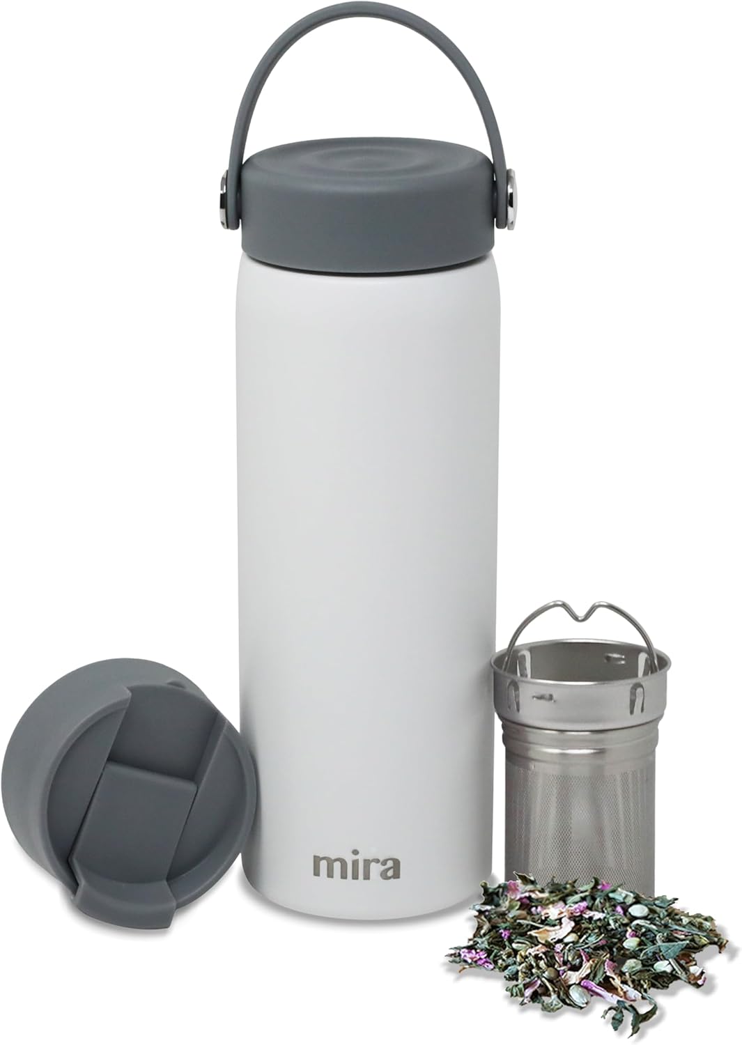MIRA 18 oz Tea Infuser Thermos - Stainless Steel Travel Bottle with Removable Strainer for Loose Leaf Tea - Insulated Hot & Cold Brew Steeper - White