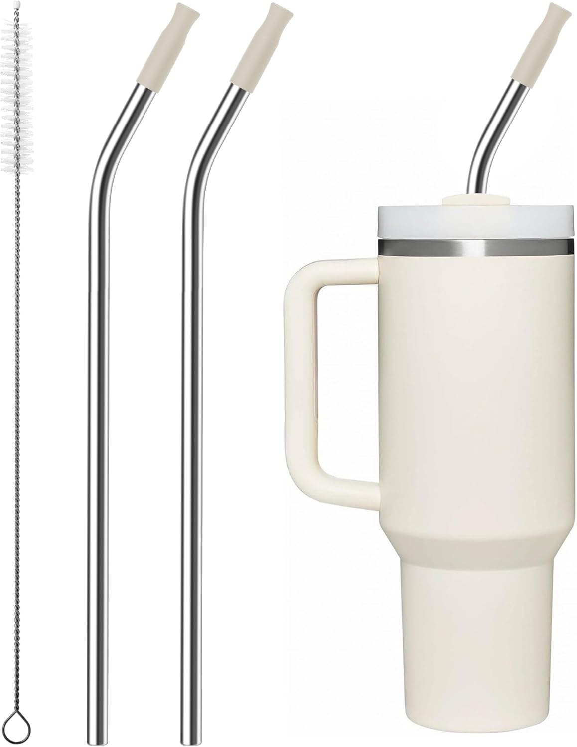 Repeatable Metal Straw with Silicone Tips for 30 oz Stanley Tumbler, 2 Pcs 30 oz Stainless Steel Straws Replacement for Stanley Tumbler, 1 Straw Brush, BPA Free（Cream Grey）