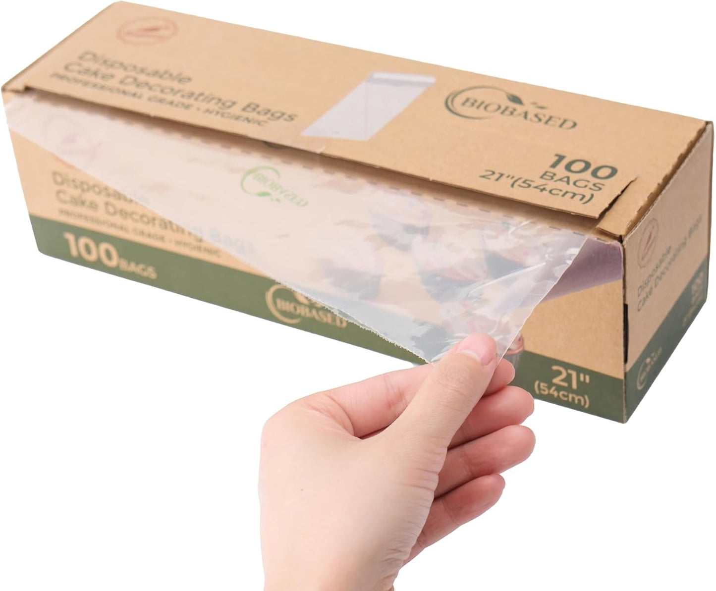 Keenpioneer Disposable Piping Bags, Biobased, 21 Inch, Extra Thick Cake Decorating Pastry Bags, Pack of 100 in a Dispenser Box, Clear, Professional Grade for Chefs and Home Bakers