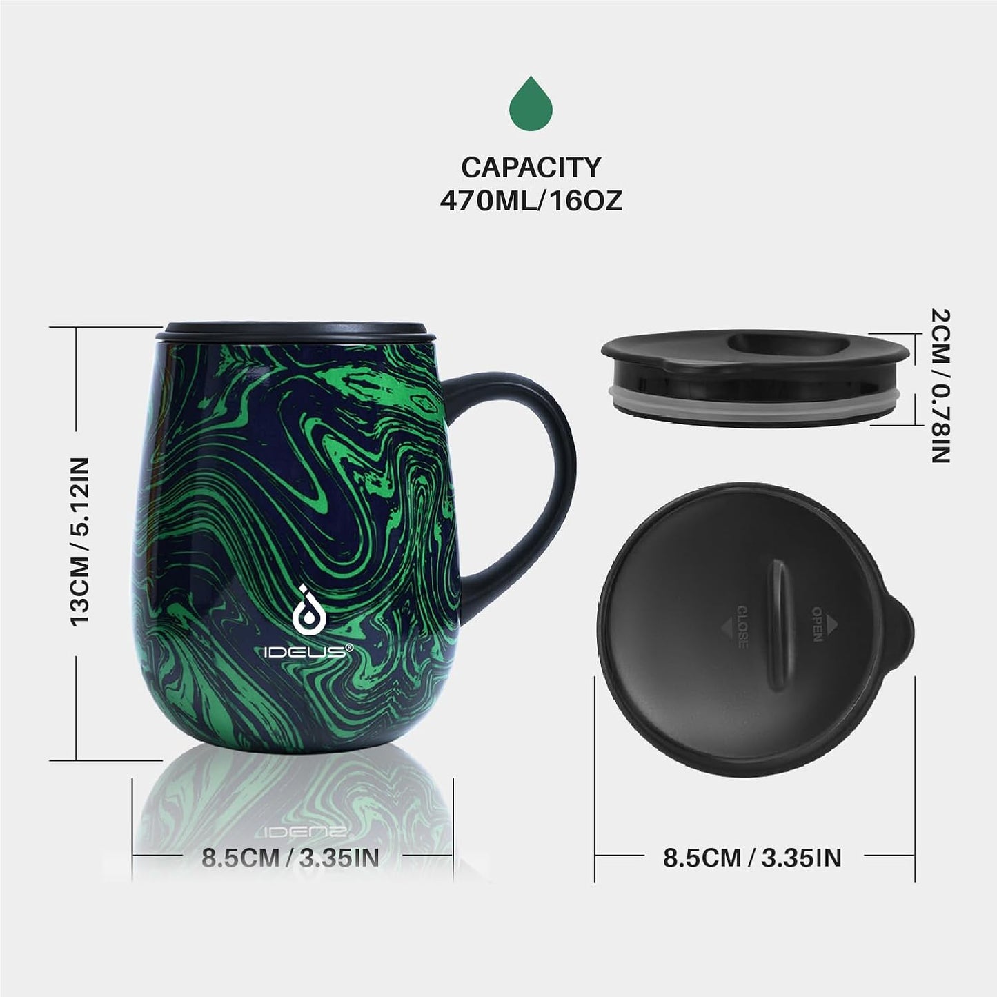 Ideus 16 oz (470 ml) Insulated Coffee Mug with Handle and Lid, Double Wall Stainless Steel Vacuum Thermal Coffee Mug, Travel Coffee Cup Thermal Cup for Home and Office (Green Zebra)