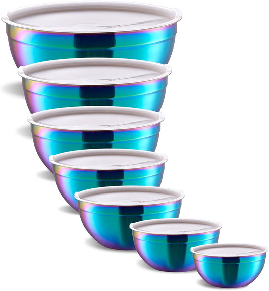 Rainbow Mixing Bowls With Airtight Lids,Stainless Steel Bowl,Salad Bowls 7 Piece Colorful Nesting Bowl Rainbow Kitchen Accessories,Size 7,3.6,2.7,2.1,1.5,1.1,0.8QT Stackable Design