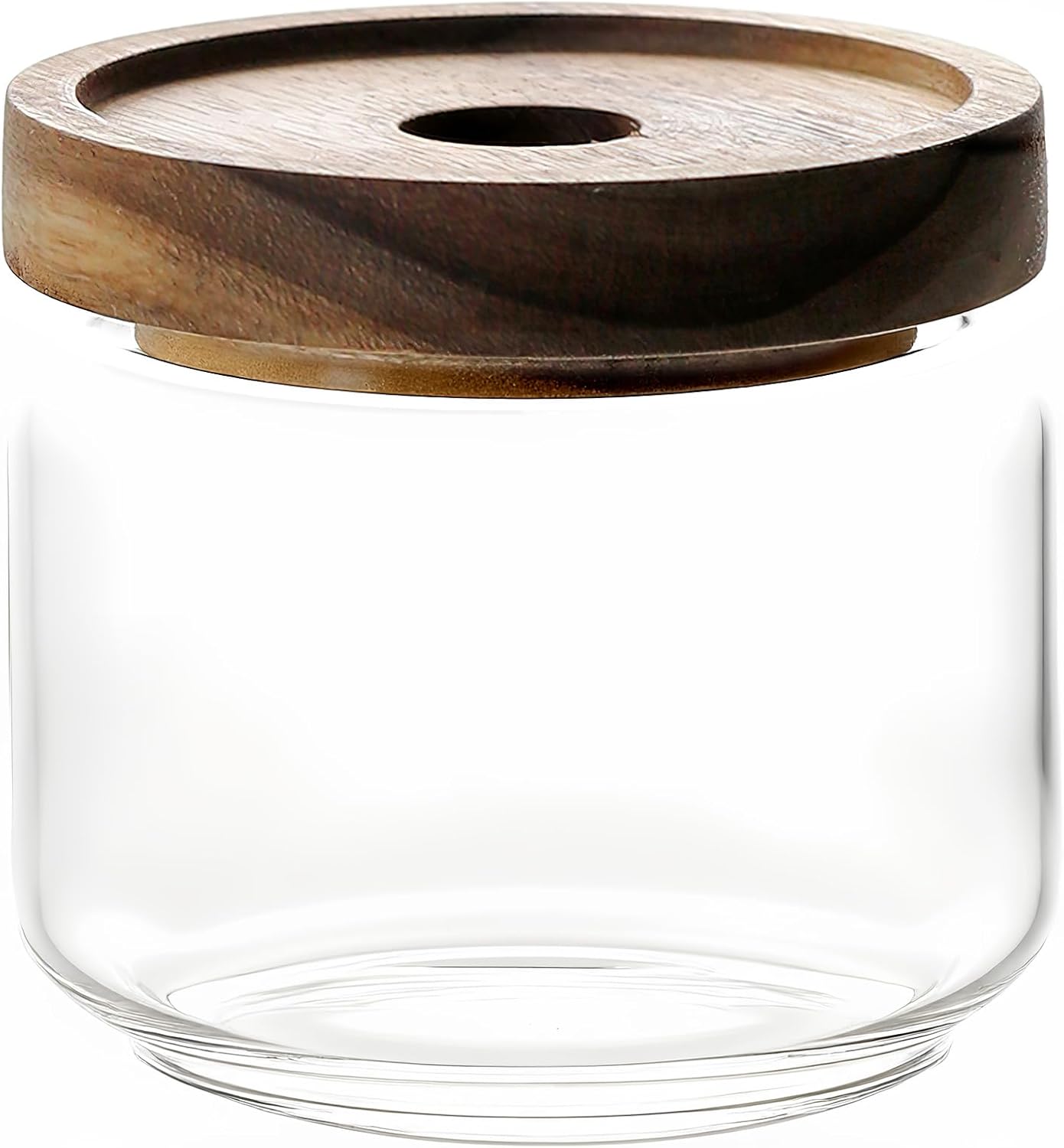 300ML/10Oz Clear Cute Glass Storage Canister Holder with Stackable Airtight Wood Lid, Modern Decorative Small Container Jar for Coffee, Spice, Candy, Salt, Cookie, Condiment, Pepper, Sugar
