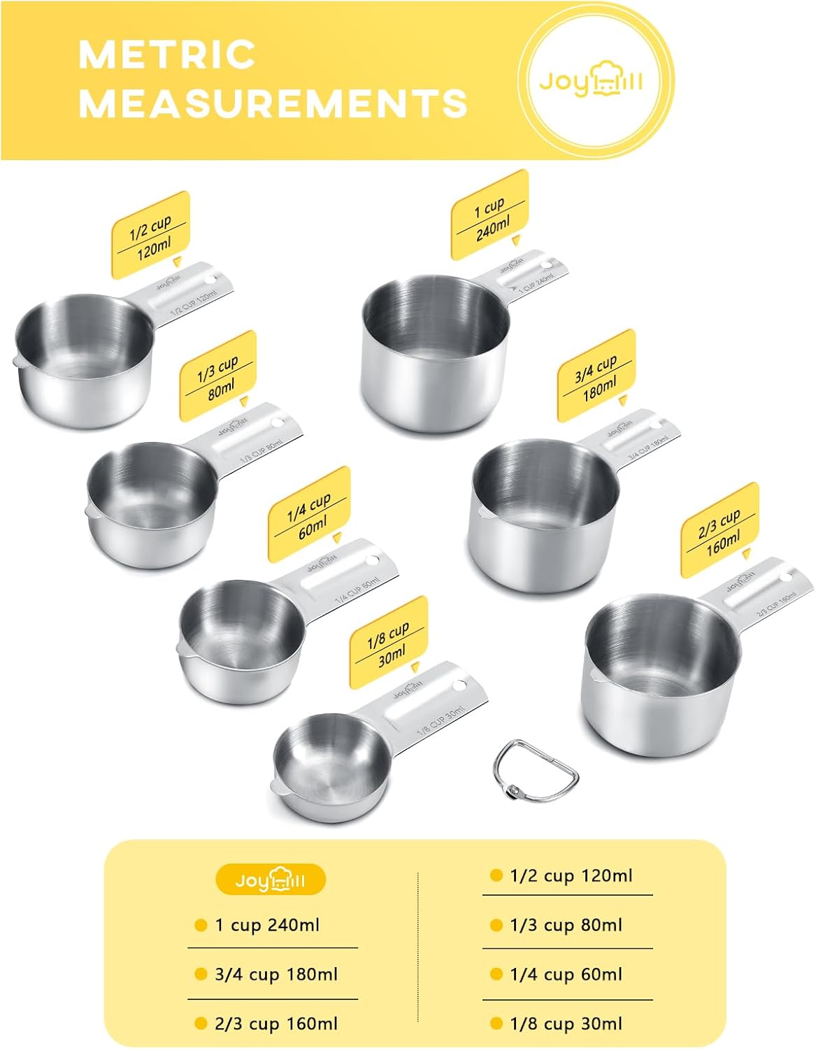 Joyhill Measuring Cups of 7 Pieces, 304 Stainless Steel Measuring Cups Metal for Baking Cooking, Dry and Liquid Ingredients