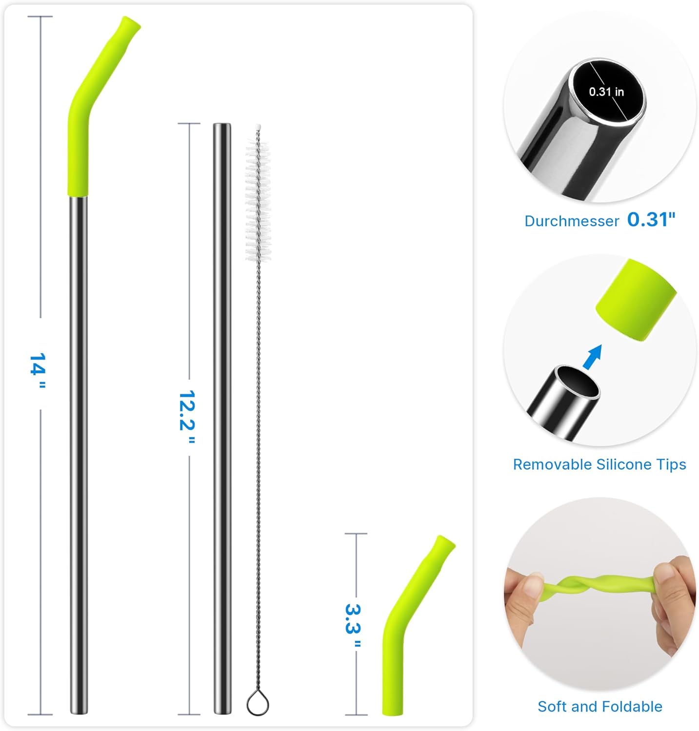2 Pcs Stainless Steel Straws for 40 oz Stanley Tumbler, Replacement 40 oz Stanley Cup Straw Accessories with Silicone Tips and Cleaning Brush (Apple Green)