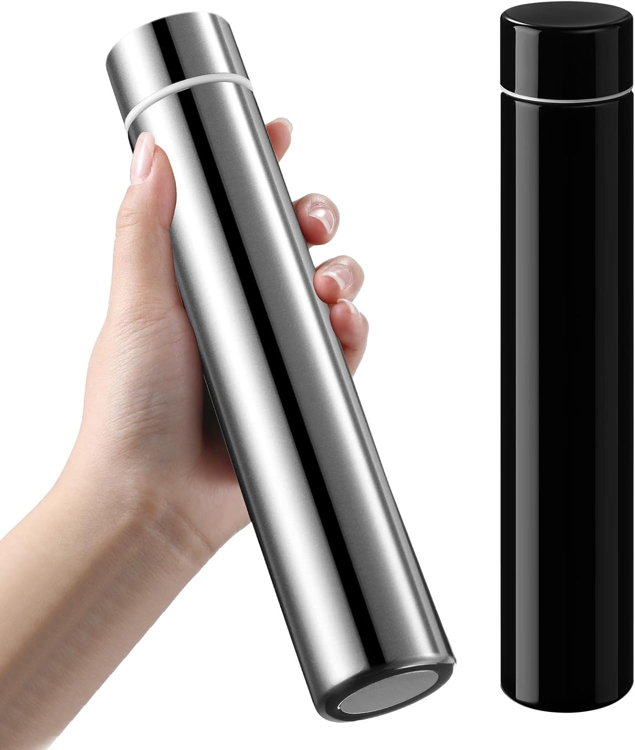 Vesici Slim Water Bottle 8.8 oz Small Stainless Steel Purse Compact Insulated Water Bottles Camping Travel Backpack Pocket Flask for Car Cold Coffee Tea(Silver, Black,2 Pack)