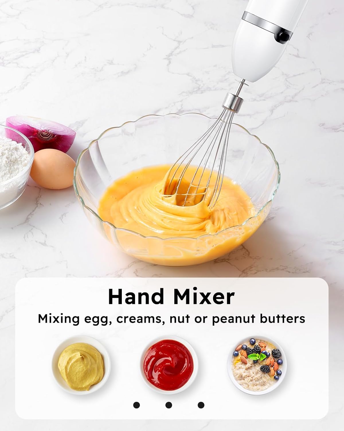 Sangcon Immersion Blender Handheld, 3-in-1 Hand Blender Electric, 400W Handheld Blender, Stainless Steel Blade Stick Blender with Whisk, Milk Frother Attachments - White