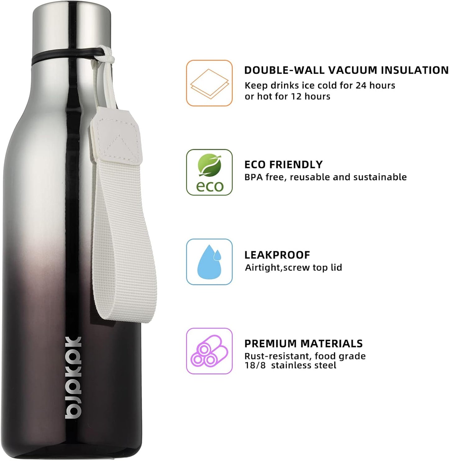 BJPKPK Insulated Water Bottles, 18 oz Stainless Steel Metal Water Bottle with Strap, BPA Free Leak Proof Thermos, Mugs, Flasks, Reusable Water Bottle for Sports & Travel, Silver Miner