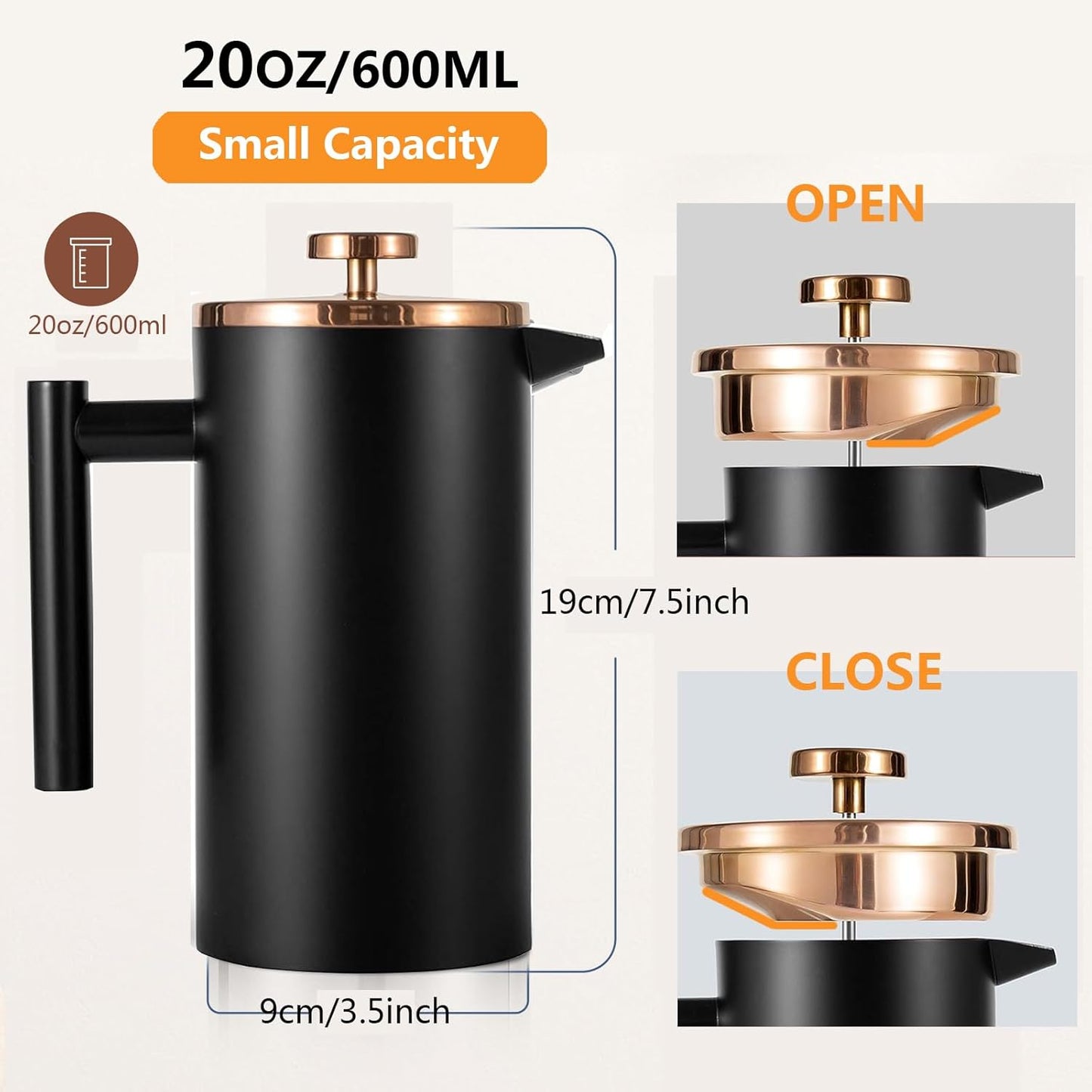 Small French Press Coffee Maker 600ml, Black Double-Wall Insulated French Press Coffee Press Stainless Steel for travel camping, Included 2 Extra Fliters and 1 Coffee Spoon (2-4cup, 20 OZ)