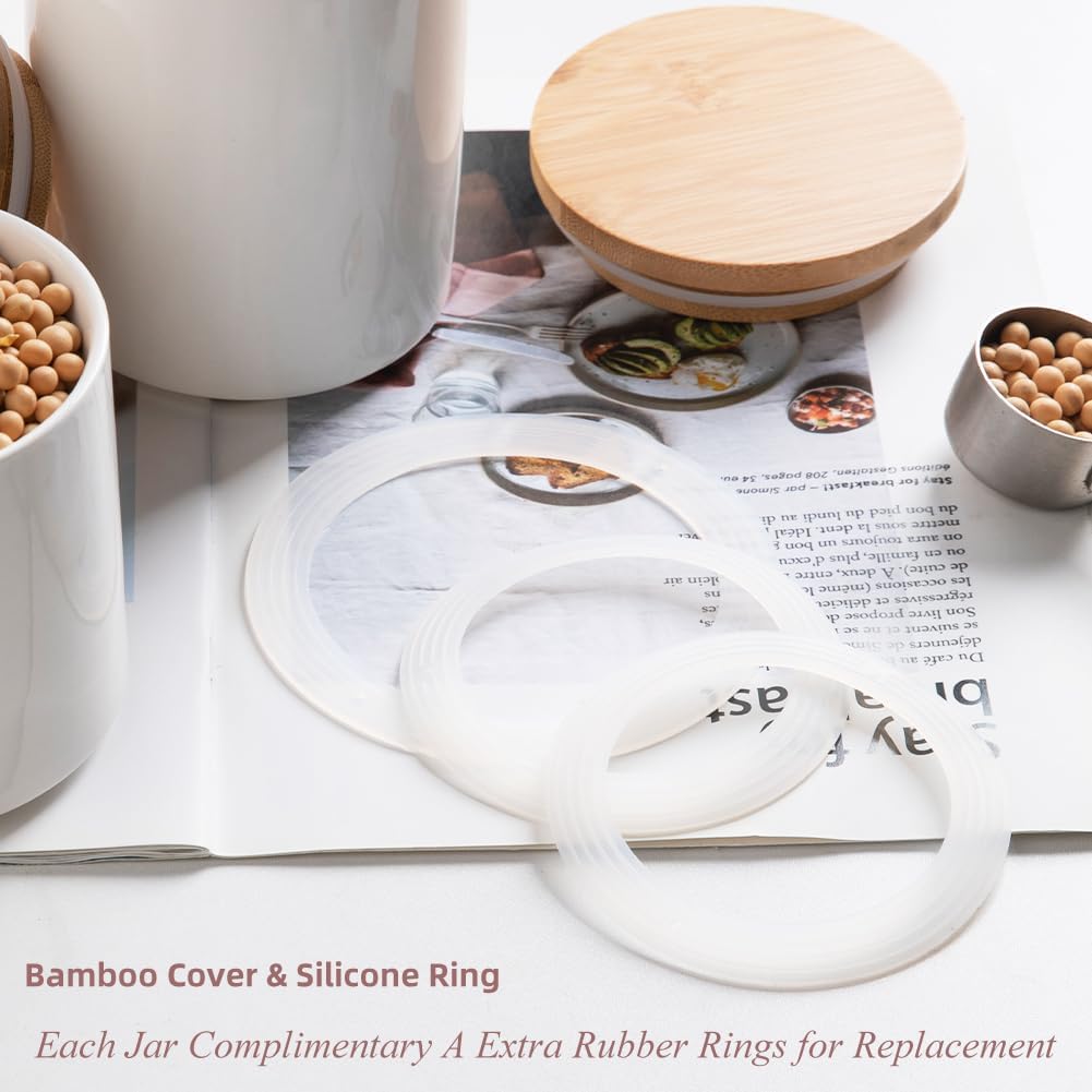 Sweejar Ceramic canisters for kitchen counter,Stackable Food Containers Set with Airtight Seal Bamboo Lid for Serving Ground Coffee, Tea, Spice, Flour and Sugar-Set of 3 (White)