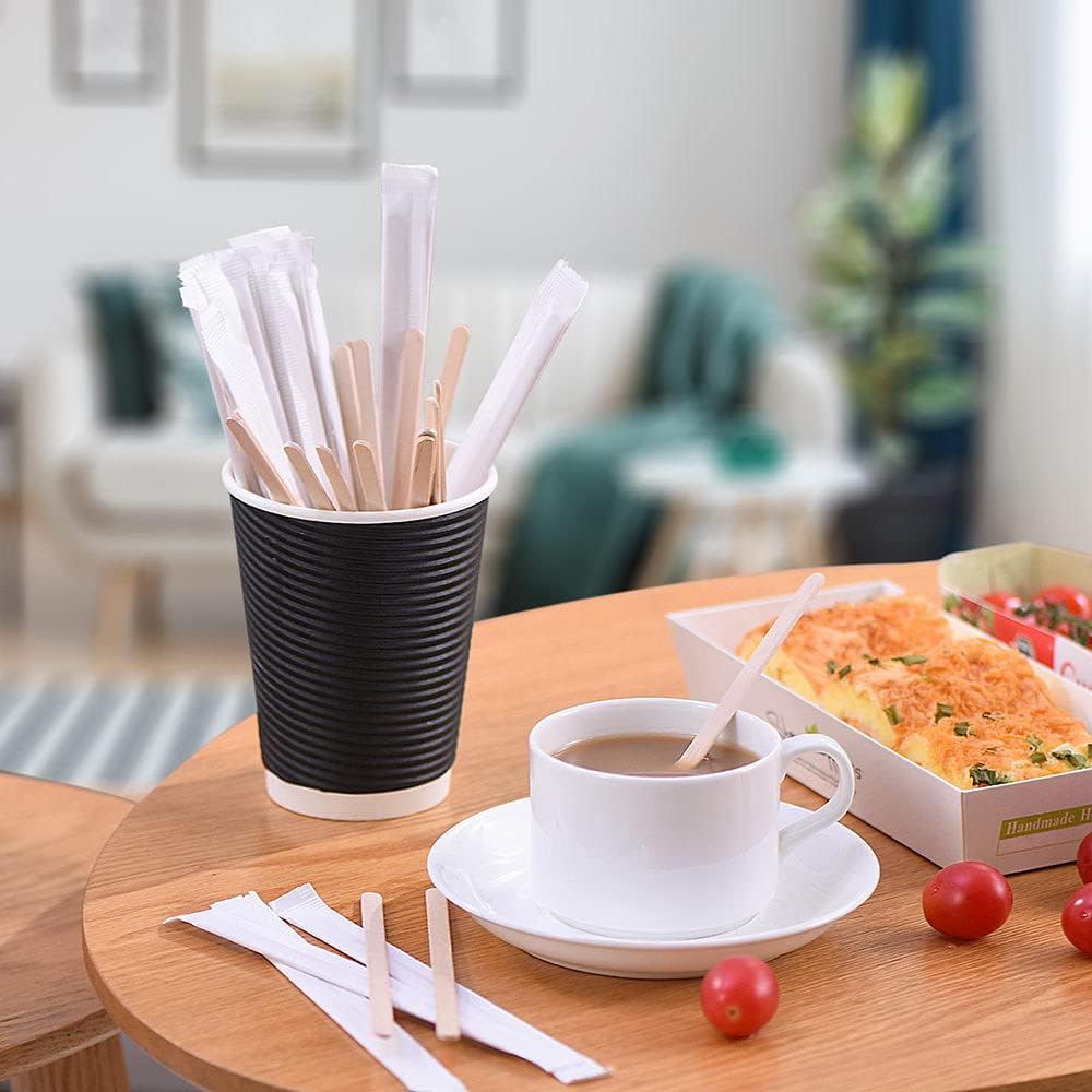 500pcs Individually Wrapped Coffee Stirrers Wood - 7" Coffee Stir Sticks, Round End Disposable coffee stirrer, For Coffee, Cocktail and Hot Drinks