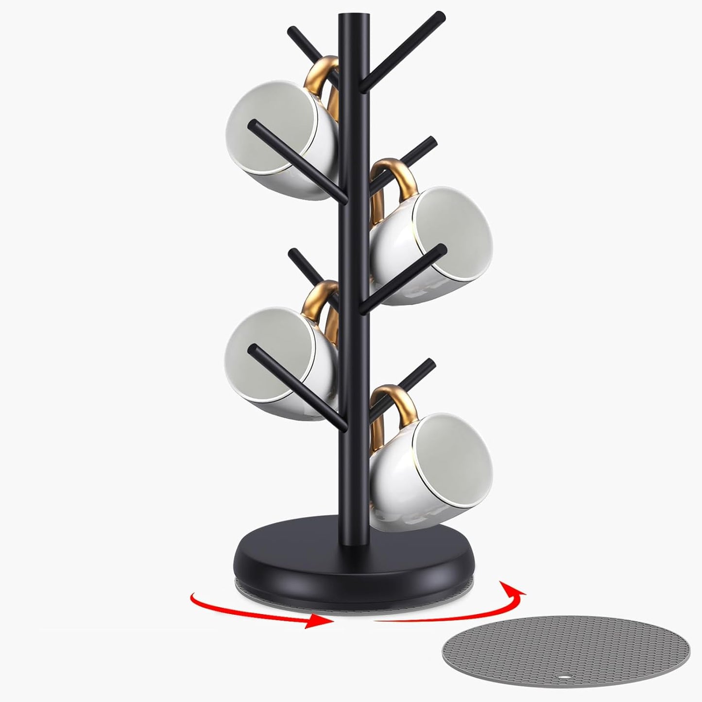 Mug Holder Tree,New Upgraded 360° Rotated 8 Hooks Coffee Cup Holder for Counter,Sustainable Wood Mug Rack Standing for Coffee Bar Accessories and Kitchen Home Organizer(Black)