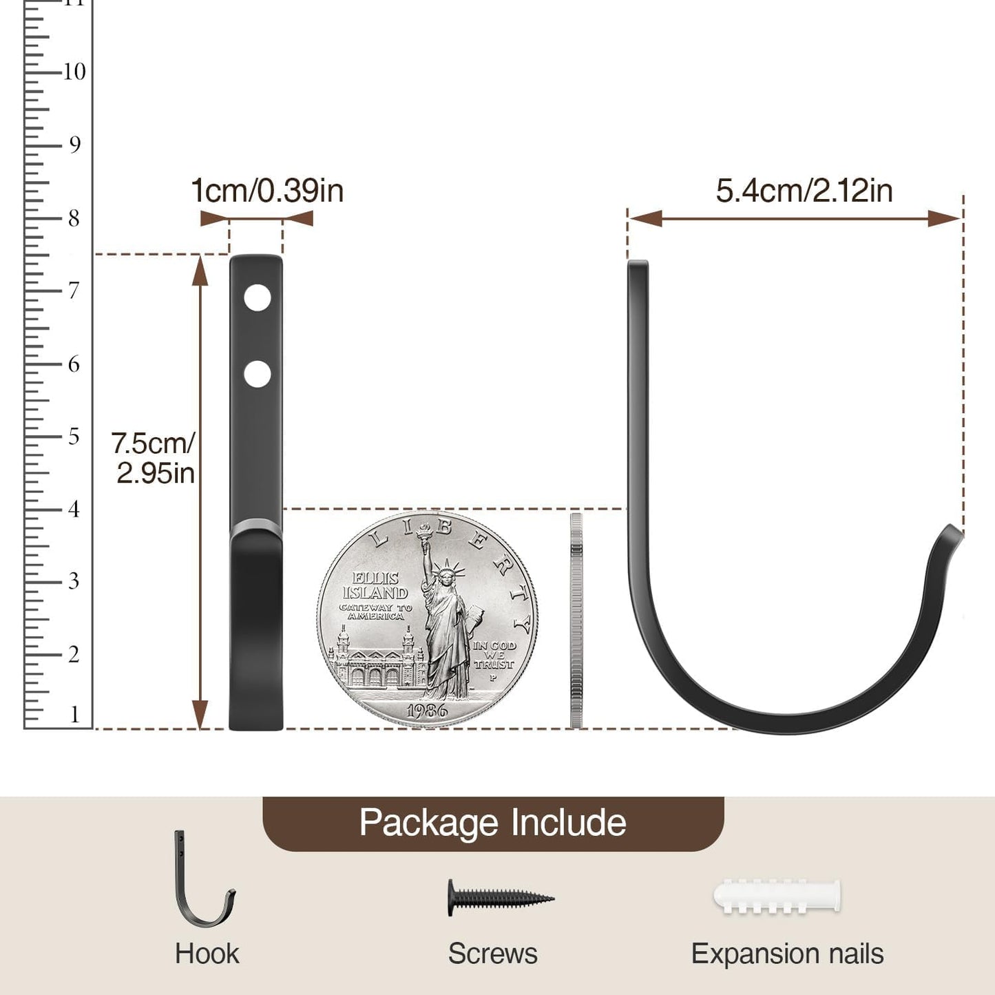 Wall Hooks for Hanging Towel/Coat - 22LB Screw in Metal Hanger Wall Mount, for Outdoor, Closet, Door, Bathrooms, for Backpack, Robe, Black 5 Pack