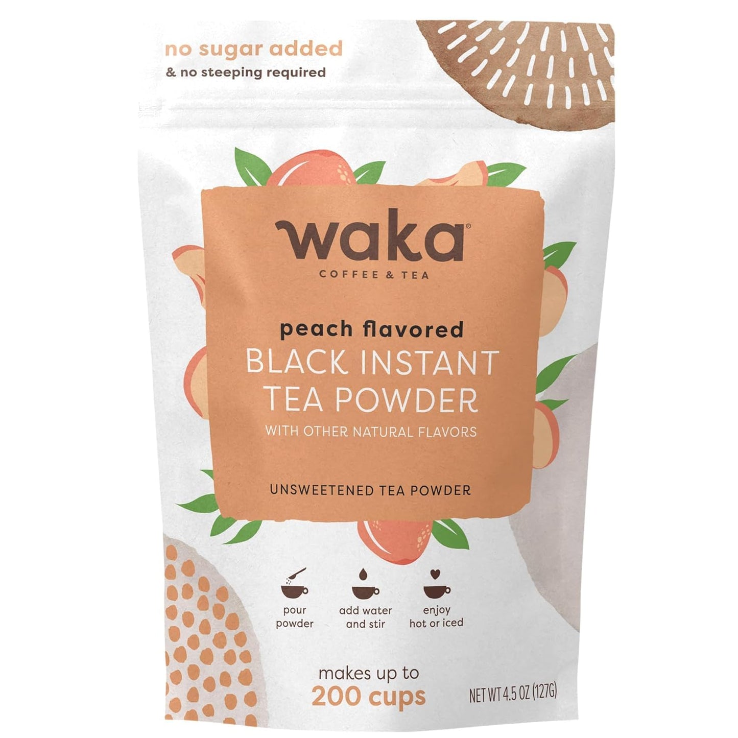 Waka Instant Black Tea Mix, Peach Flavored - 100% Tea Leaves, No Additives, Unsweetened Tea Powder for 50 Quarts or 200 Cups – Easy and Quick Hot or Iced Teas (4.5oz)