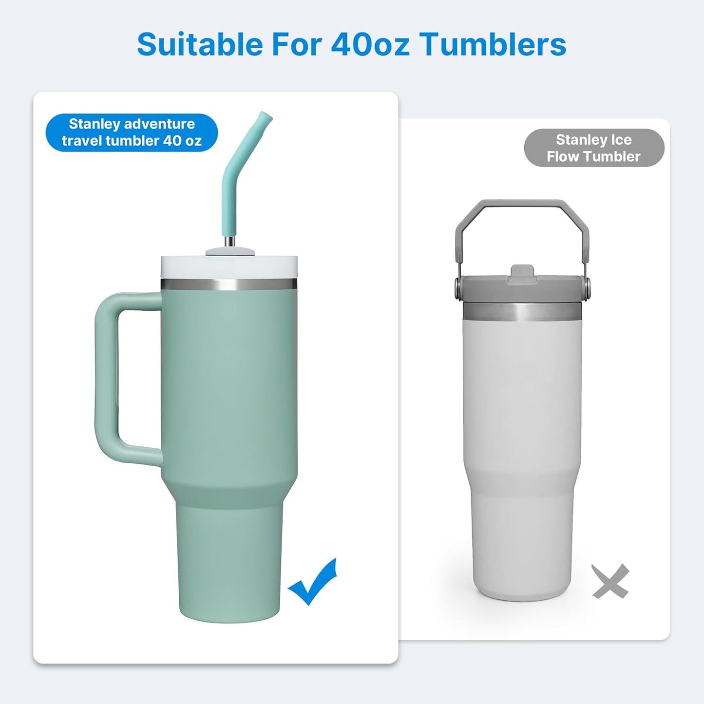 2 Pcs Stainless Steel Straws for 40 oz Stanley Tumbler, Replacement 40 oz Stanley Cup Straw Accessories with Silicone Tips and Cleaning Brush (Light Green)