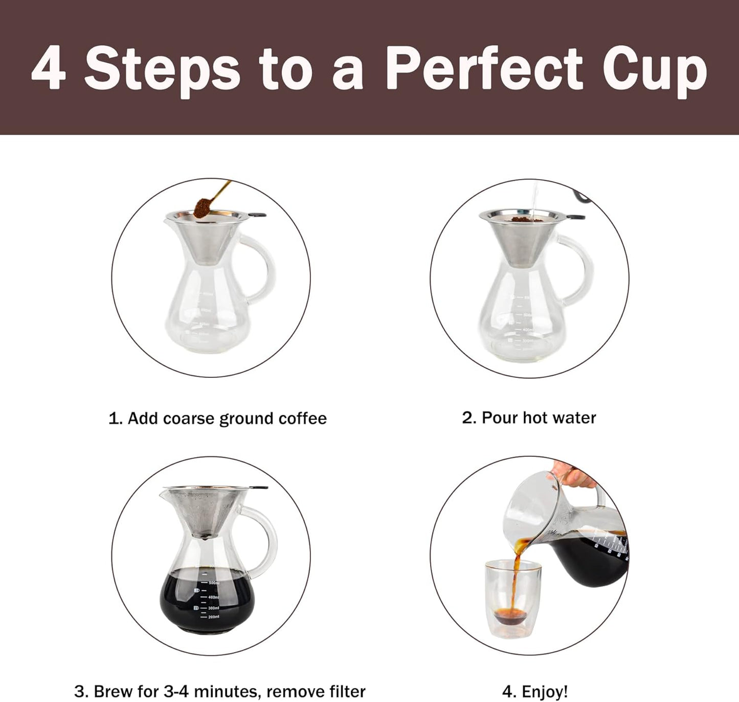 T-mark Pour Over Coffee Maker with Reusable Double-layer Stainless Steel Filter, 800ml/27oz BPA-Free Glass Coffee Carafe, Glass Coffee Maker, Coffee Dripper Brewer