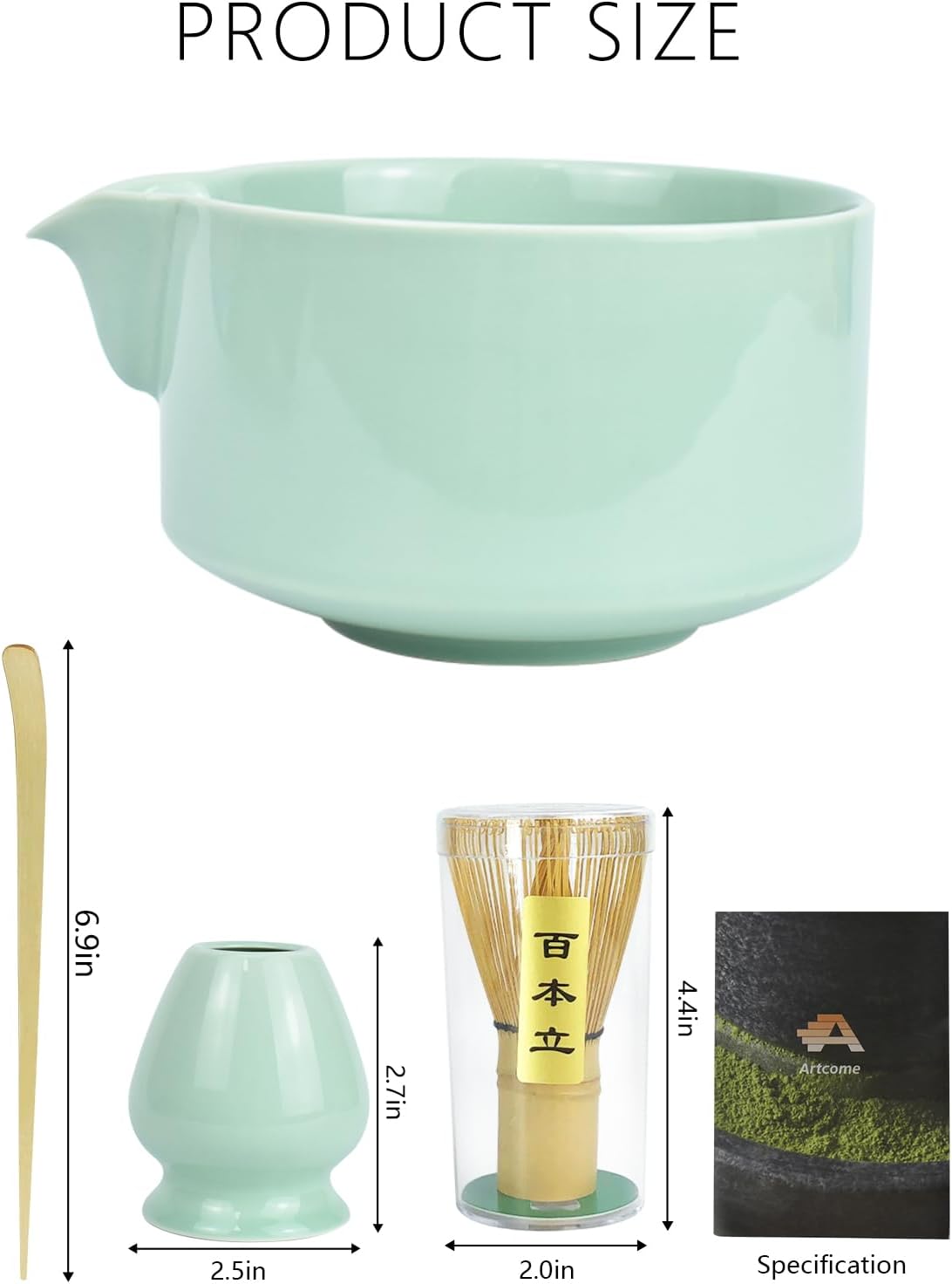 Artcome Premium Matcha Tool Set – Includes Matcha Bowl with Pouring Spout, Whisk, Whisk Holder, Tea Scoop & Matcha Manual - Green