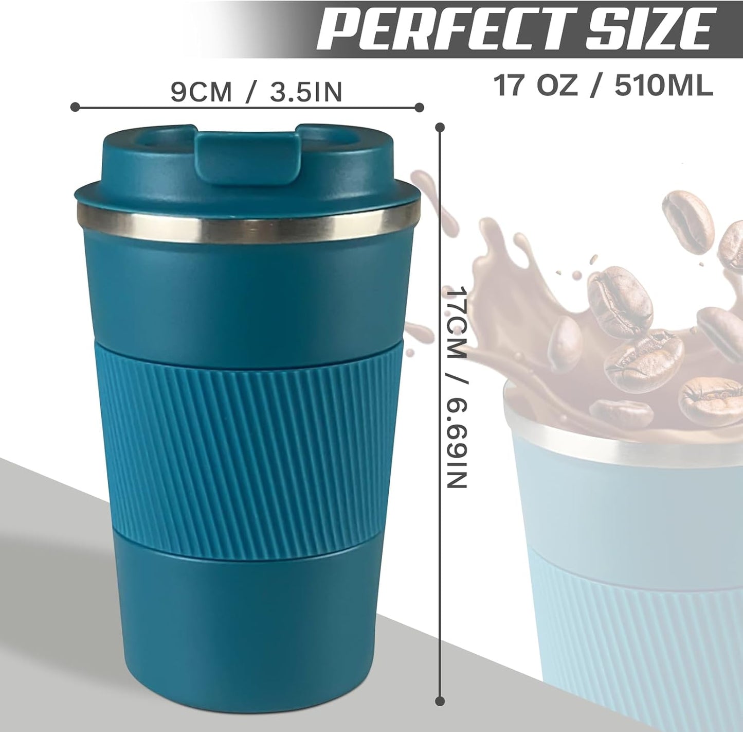 Vacuum-Insulated Stainless Steel Travel Coffee Mug, Leak-Proof Reusable Coffee Cup with Lid - Keep Hot & Cold Drinks for Hours, Durable Thermos Tumbler for Men & Women (3rd-Blue, 17OZ)