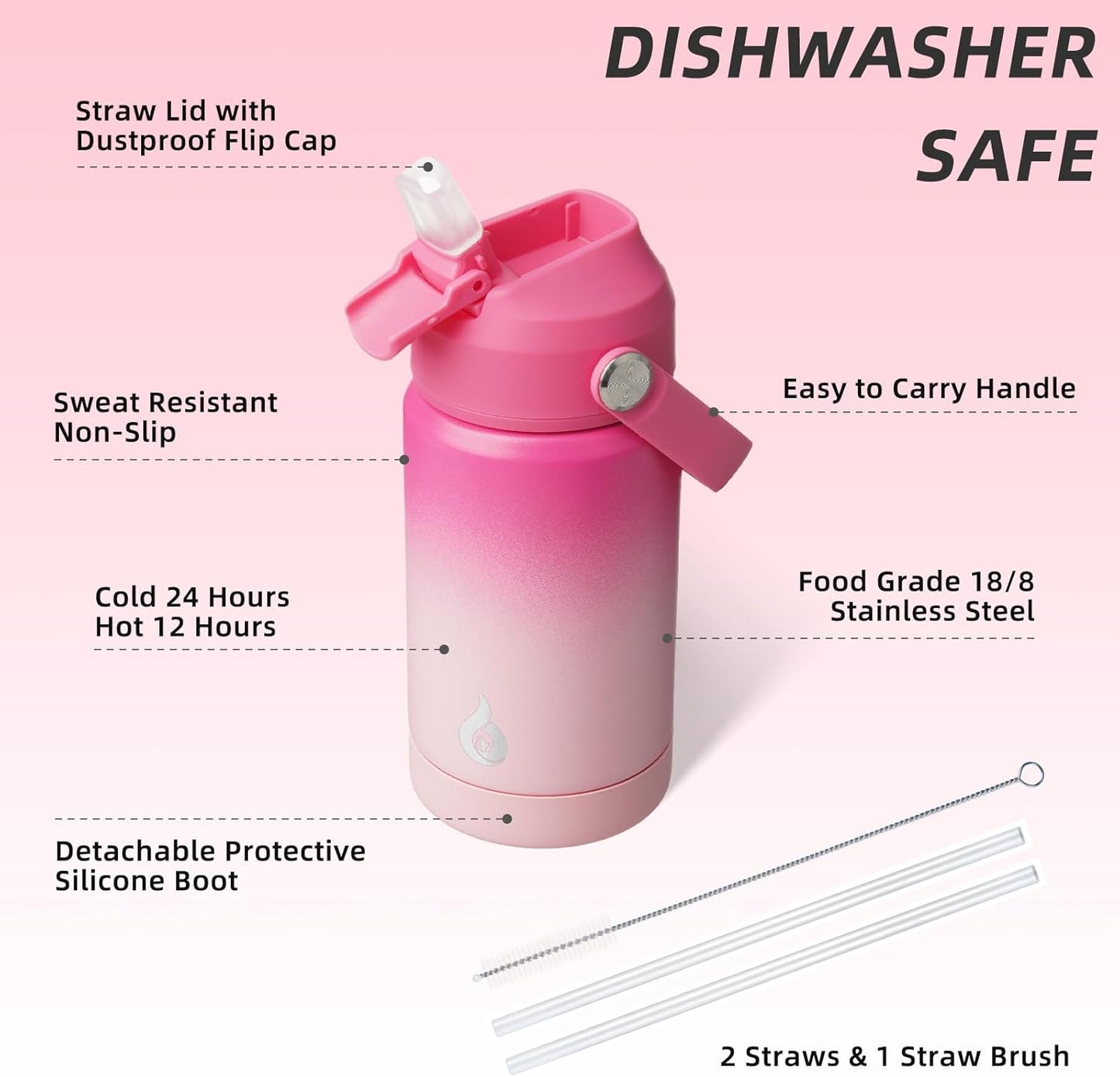 BJPKPK Insulated Water Bottle with Straw Lid, 12oz Thermos Water Bottles with Soft Nozzle, Flex Handle & Non-slip Boot, BPA Free Leak Proof Stainless Steel Metal Thermos, Tumblers, Cups,Cherry