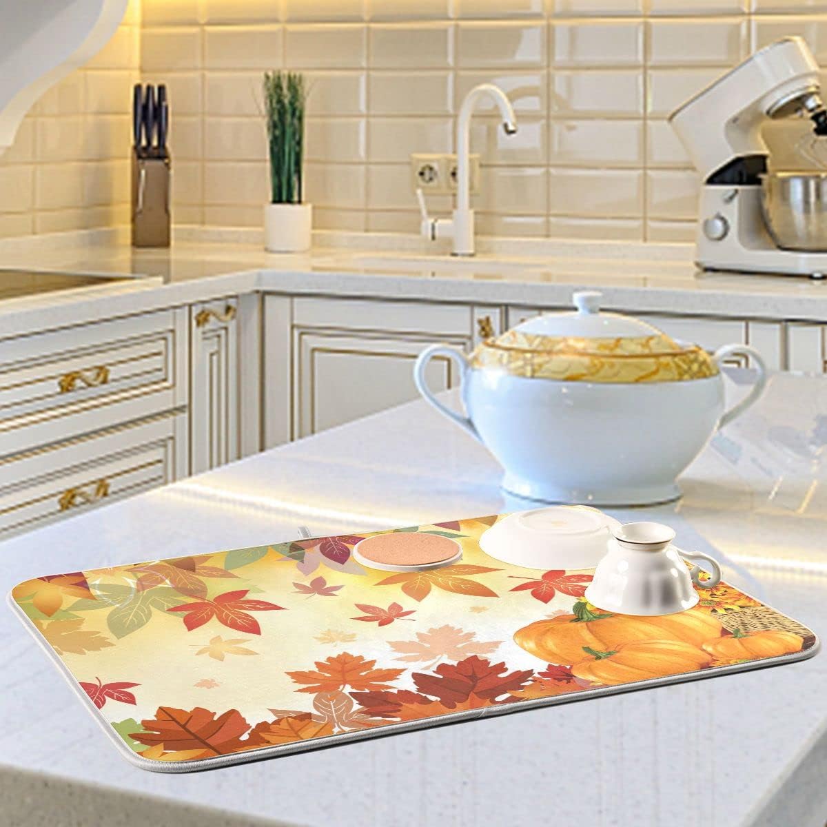Autumn Fall Dish Drying Mat for Kitchen Counter Pumpkin Maple Leaves Drying Mat 18 x 24 Inch with Absorbent Reversible Microfiber Dish Drying Pad Dish Rack Drainer Mats for Coffee Bar
