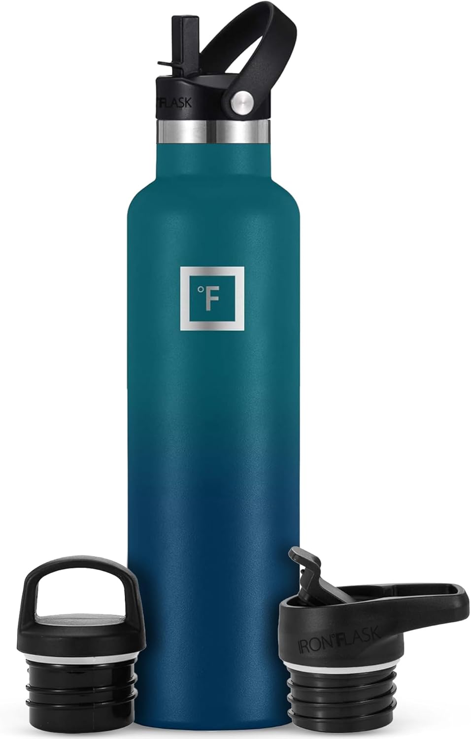 IRON °FLASK Camping & Hiking Hydration Canteens - 3 Lids (Narrow Straw Lid) Leak Proof Vacuum Insulated Stainless Steel - Hot & Cold Double Walled Sports Water Bottle - Dark Night, 24 Oz