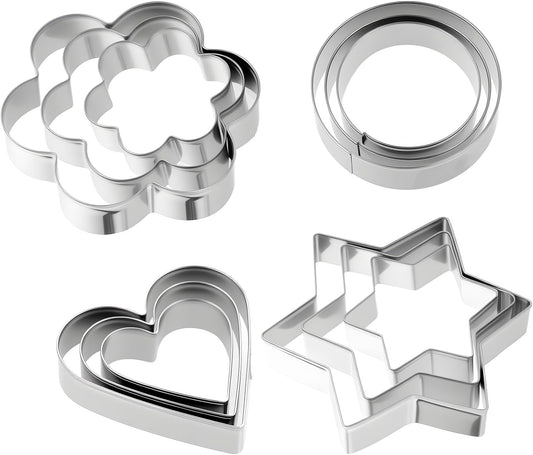 12 Pcs Cookie Cutters Biscuit Cutter Fruit Cutter Shapes Stainless Steel Fondant Cake Mold Heart Flower Star Round Shapes Metal Cutters for Baking