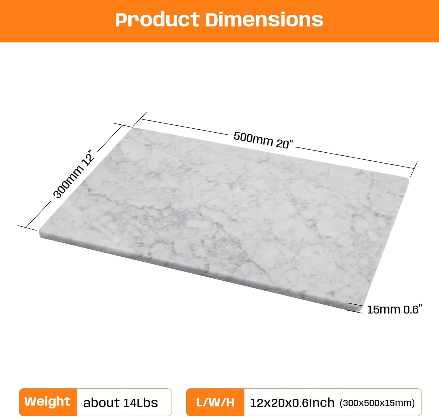 Natural Carrara White Marble Pastry and Cutting Board, 12x20x0.6 Inch, Heavy for Dough Chocolate, Pack of 1