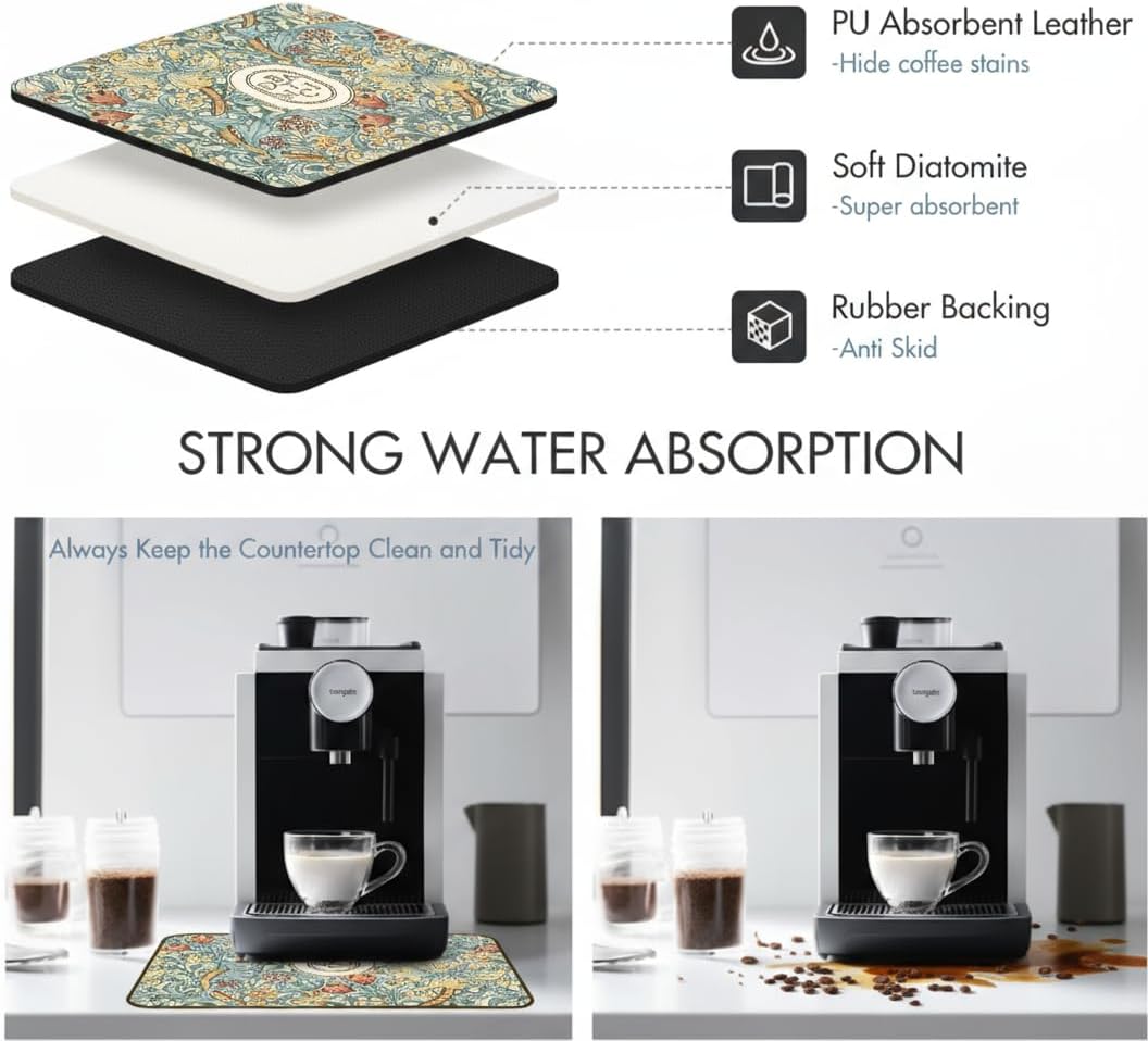 Dish Drying Mat Super Absorbent – 16" x 18" Coffee Mat for Countertops – Non-Slip Drying Mat for Kitchen Counter – Easy to Clean Water Absorbent Mat – Quick Dry Dish Mats (Botanic Garden)
