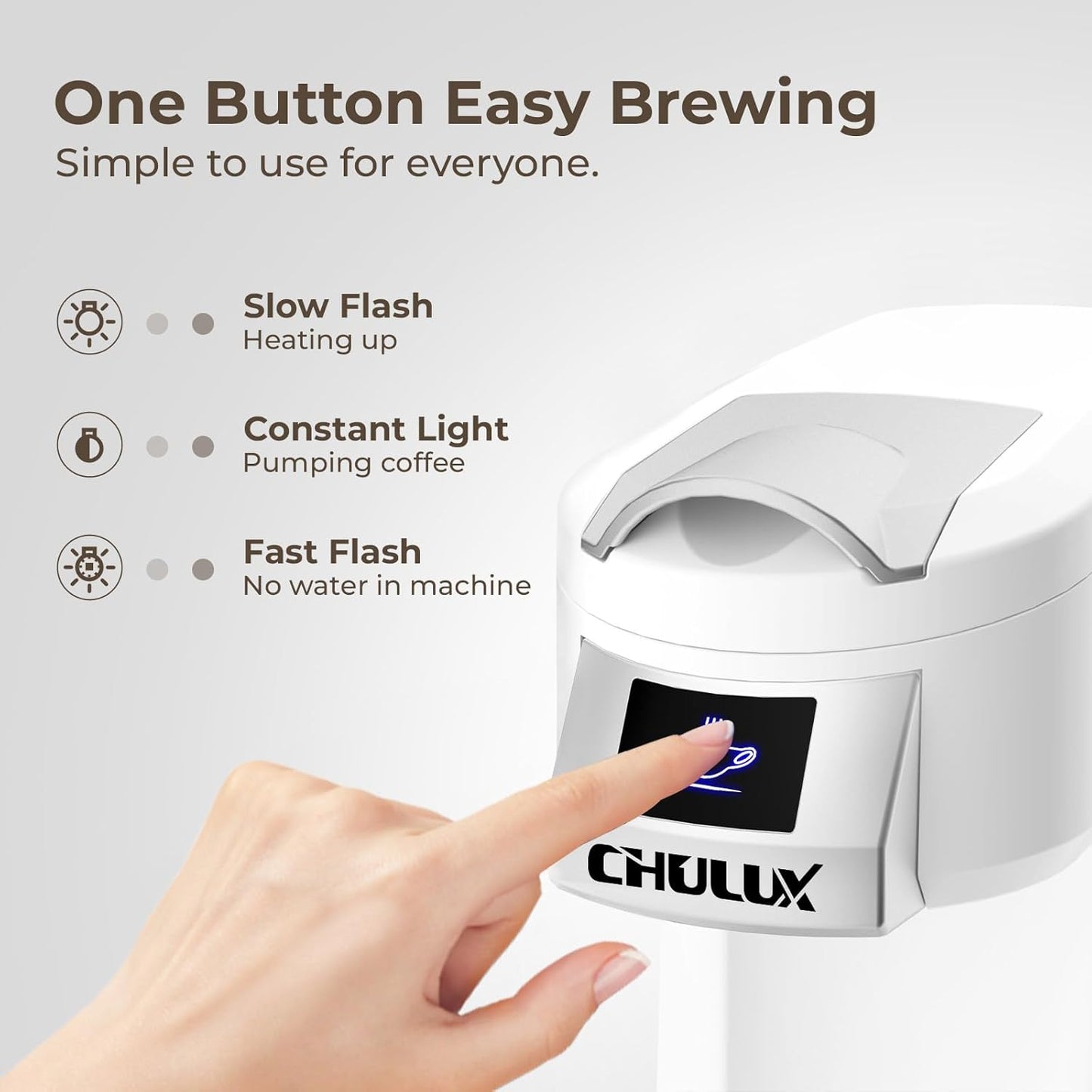 CHULUX Classic Single Serve Coffee Maker for K Cup, One Button Easy Coffee Machine for Office, RV, Travel and Dorm, White