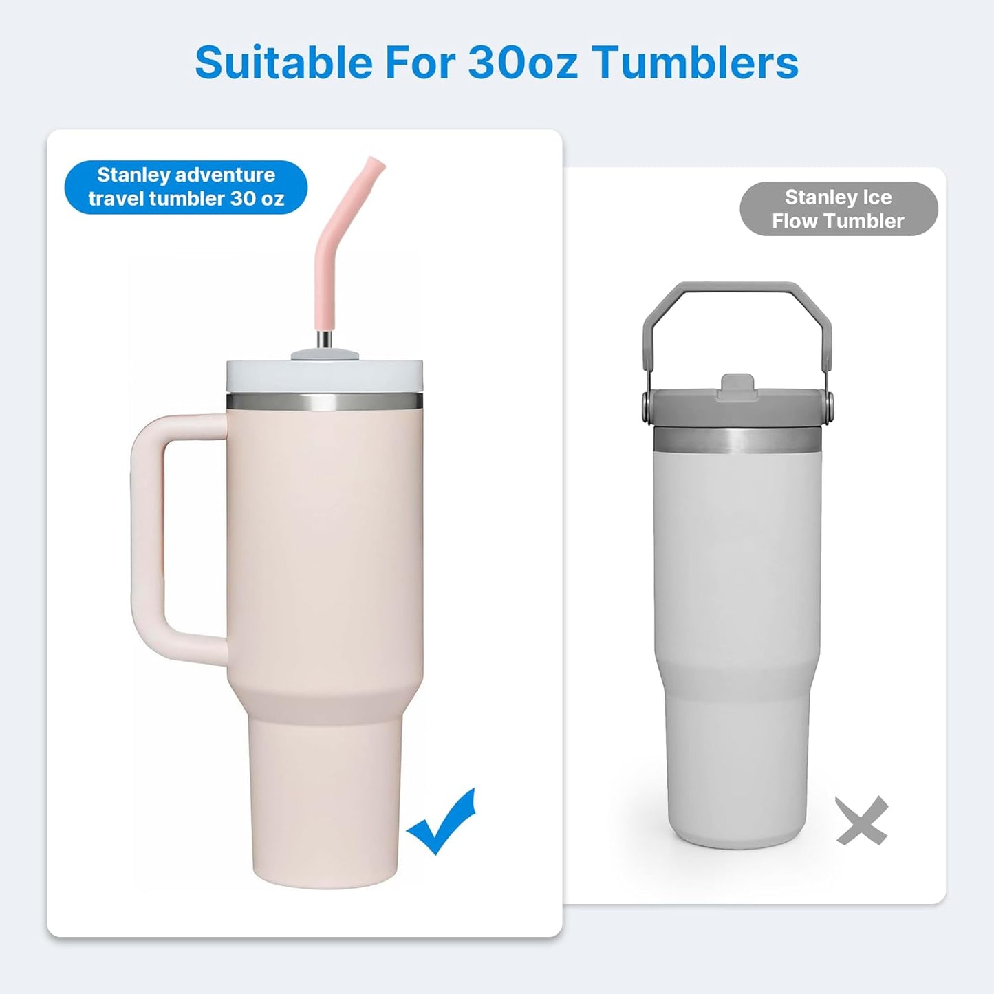 Metal Straw with Silicone Tip for 30oz Stanley Cup, 2 Pcs Stainless Steel Straws Replacement for Stanley 30 oz Adventure Quencher Travel Tumbler Cup, 1 Straw Brush (Light Pink)