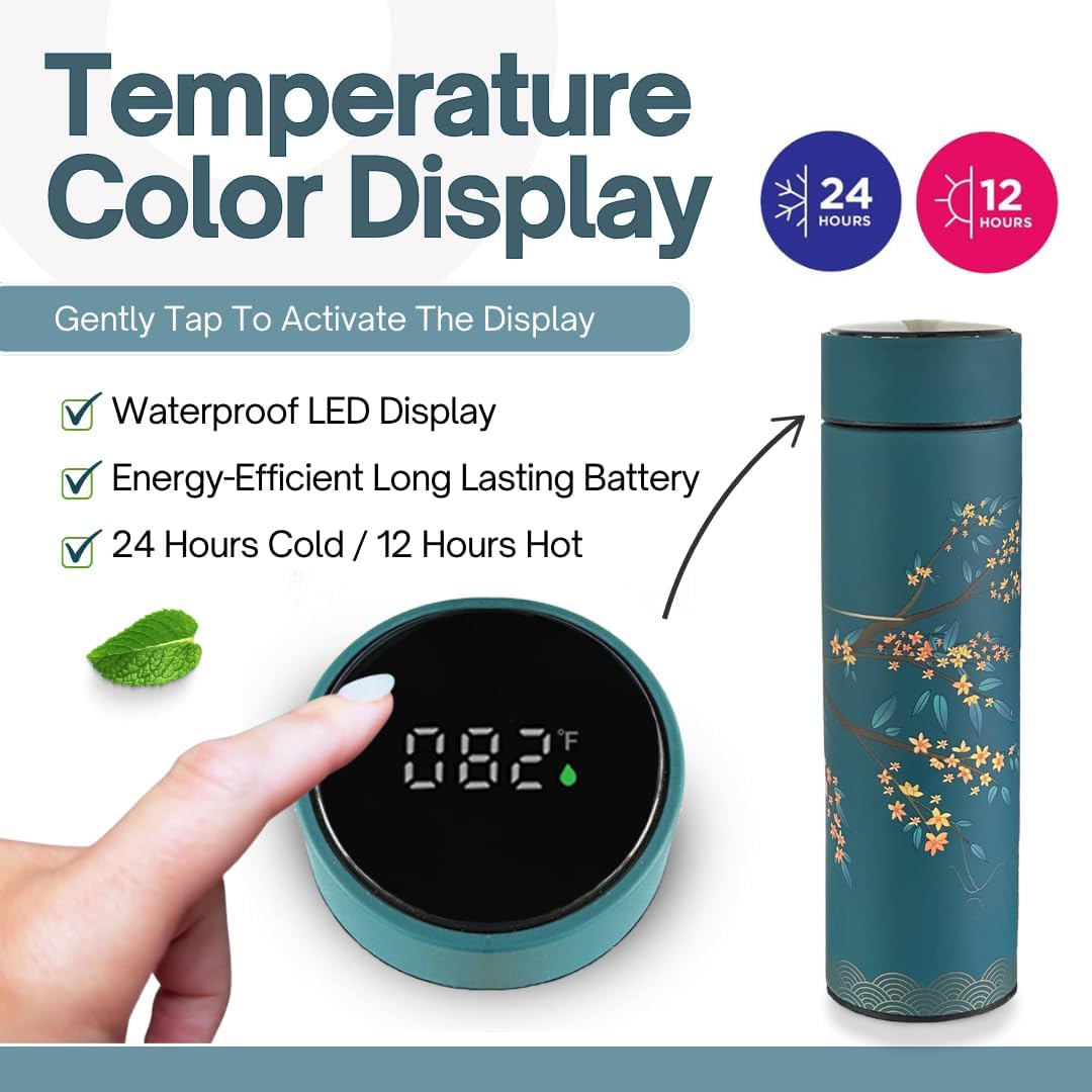 Farasi Tea Infuser for Loose Leaf Tea Smart Water Bottle with Fahrenheit Temperature Display, Stainless Steel Insulated Coffee and Fruit Tea Infuser Bottle - Green Floral Travel Tea Mug 15 oz