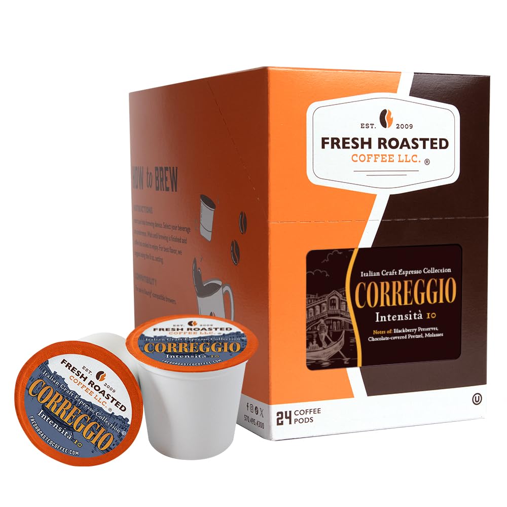 Fresh Roasted Coffee, Correggio Italian Craft Artisan Blend, Dark Roast, Kosher, 24 Pods for K cup Brewers