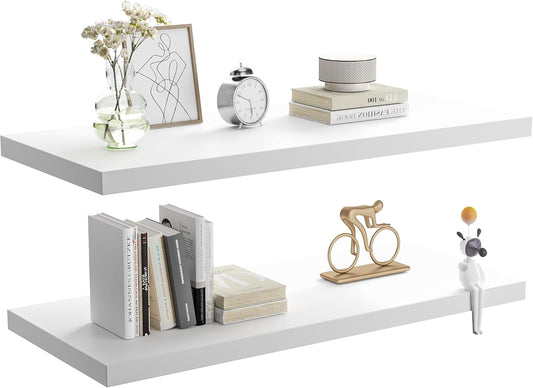 Wall Shelf Set of 2, White Floating Shelves 30 in W x 10 in D x 1 in H, Wooden Floating Wall Shelf with Invisible Brackets for Living Room/Bedroom/Bathroom/Kitchen Storage and Decor
