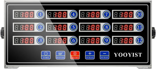 Commercial Kitchen Timers 12 Channel Stainless Steel LED Digital Timer Reminder Function, Loud Alarm, Black
