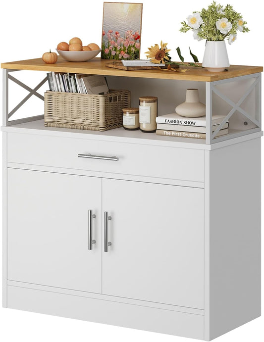 Vongrasig Sideboard Buffet Cabinet with Storage, 32” Modern Kitchen Storage Cabinet with Open Storage, Adjustable Shelf, Wood Farmhouse Coffee Bar Buffet Table for Kitchen, Dining Room, White