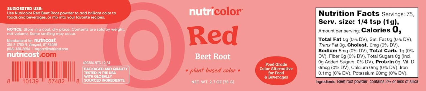 Nutricost Red Plant Based Food Coloring From Beet Root Powder (75 Servings) - Nutricolor Color Alternative For Food & Beverages