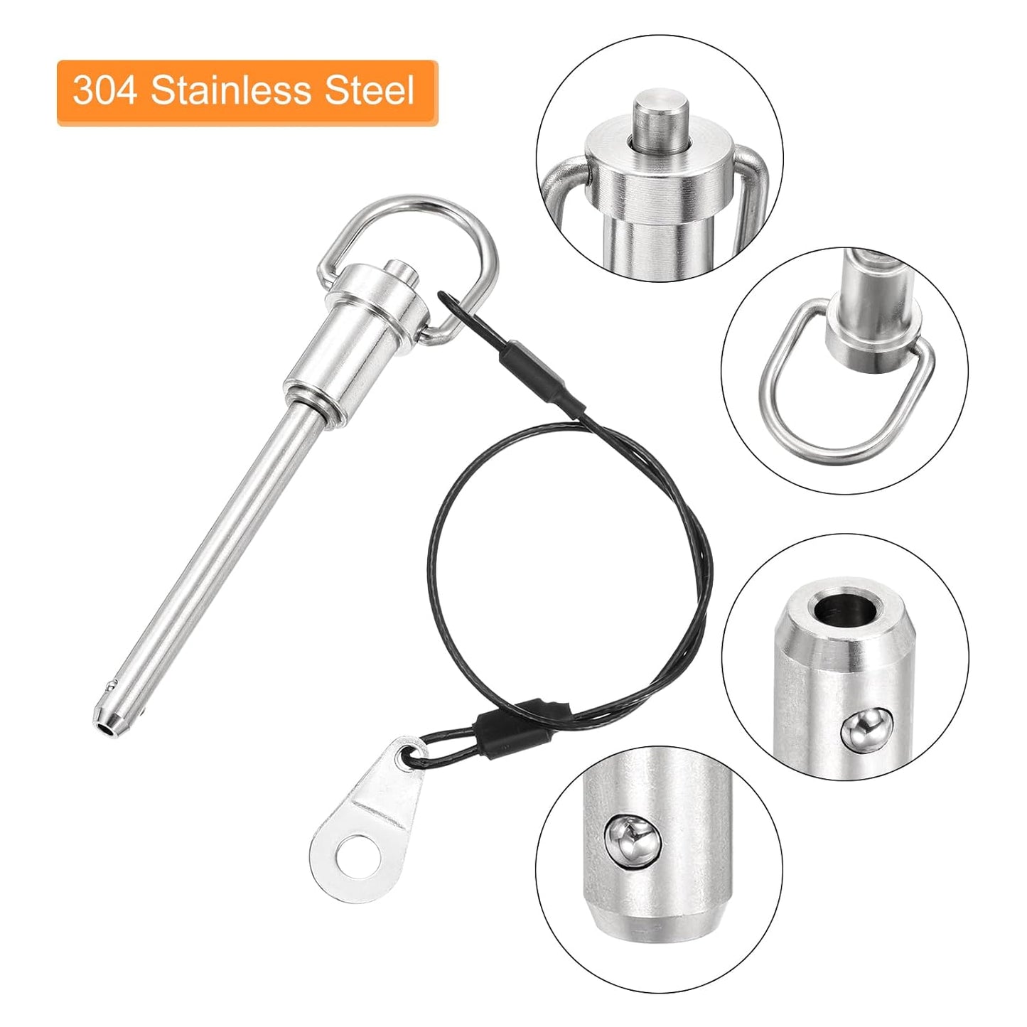 uxcell 1 Pcs Quick Release Pin, 1/4" x 1.77"(Dia. x L) Push-Button Ball Locking Pin 304 Stainless Steel Ring Handle Locking Pin with Wire for Audio Bimini Top Marine, Silver