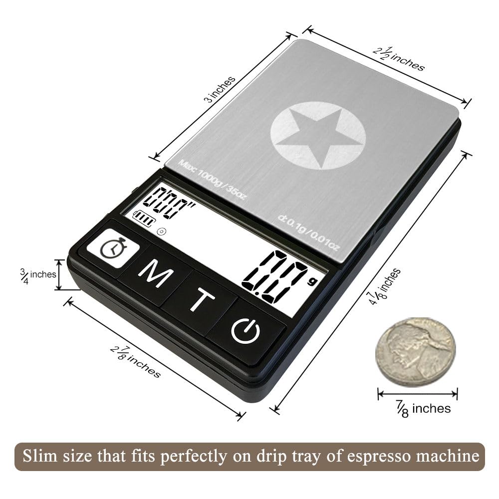 (Latest Version) Espresso Scale with Timer 1000g x 0.1g, Espresso Coffee Scale for Drip Tray, 35 Ounces/0.01oz,Coffee Scale Espresso with Silicone Mat,Large Backlit Display,Batteries