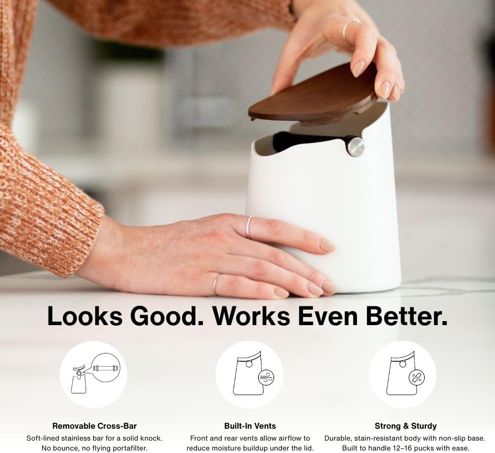 Crema Coffee Products Arc Knock Box | Holds 12–16 Espresso Pucks| Durable,Stain-ResistantBuild withNon-Slip Base|Elegant WalnutPlastic Lid Design| EasyClean-Up &Moisture Control|WhitePlasticLid Finish