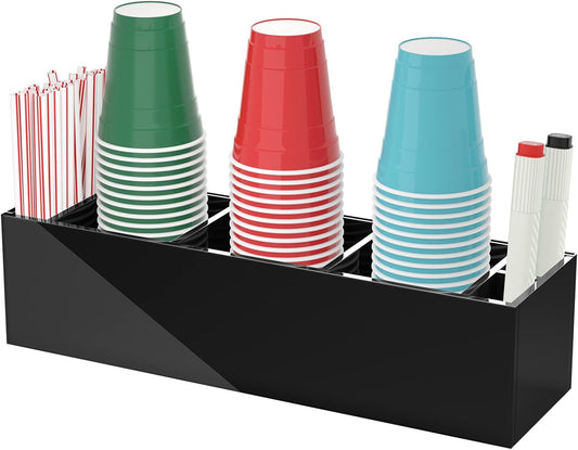 Triple Cup Holder with Marker Slot, Party Cup Dispenser Acrylic Cup Organizer Mark Your Cup and Drink Up Caddy Modern Bar Counter Decor, Black
