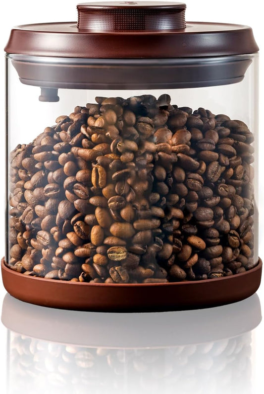 Airtight Coffee Canister, 14 Oz Borosilicate Glass Coffee Bean Storage Container with Pop Lid, CO2 Releasing Valve for Grounds Coffee, Beans, Sugar, 1200ml Brown