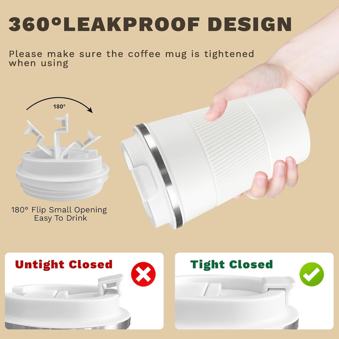 Vacuum-Insulated Stainless Steel Travel Coffee Mug, Leak-Proof Reusable Coffee Cup with Lid - Keep Hot & Cold Drinks for Hours, Durable Thermos Tumbler for Men & Women (3rd-White, 12OZ)