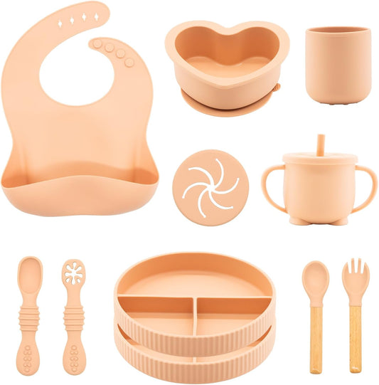 Silicone Baby Feeding Set 11 Pcs, Baby Led Weaning Supplies, Baby Feeding EatincSupplies Set BPA Free, Baby Essentialsfor Newborn Gift Pink