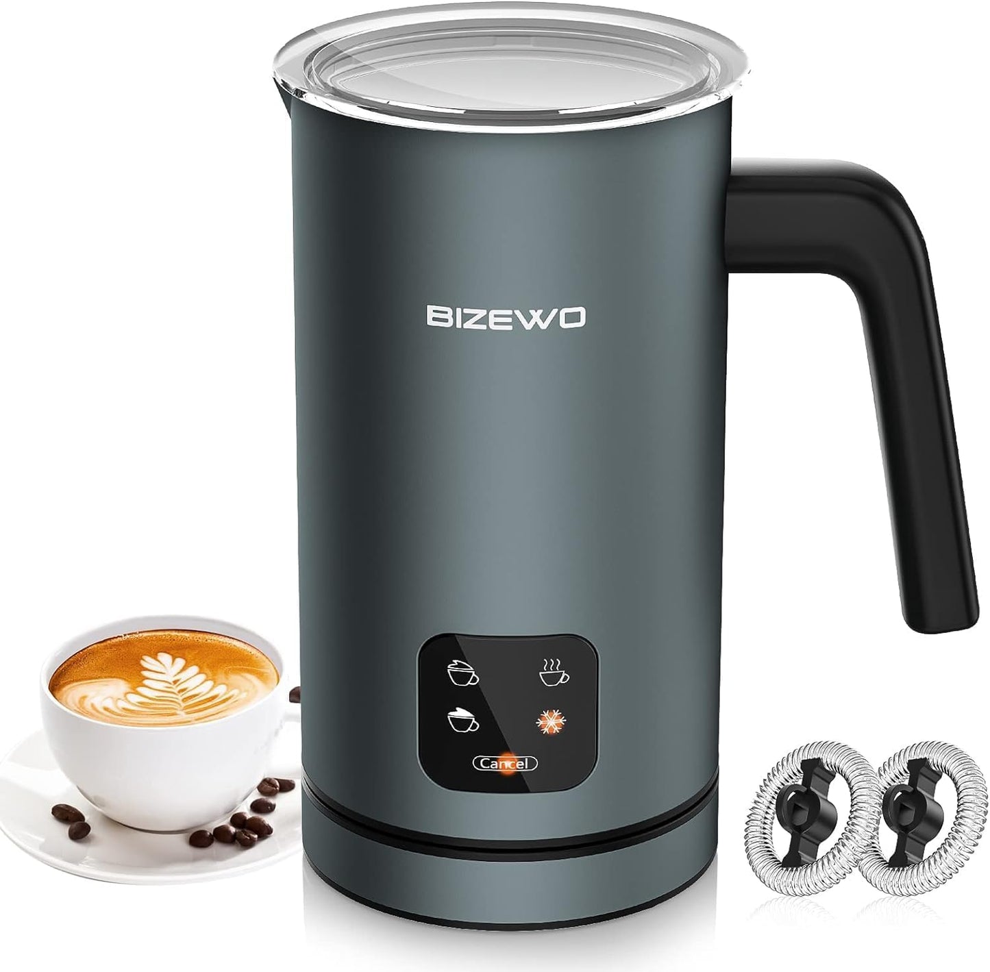BIZEWO Milk Frother Electric, Warm and Cold Milk Steamer, 4 IN 1 Automatic Milk Warmer Stainless Steel with Touch Screen for Coffee, Latte, Macchiato, Cappuccino, Hot Chocolate