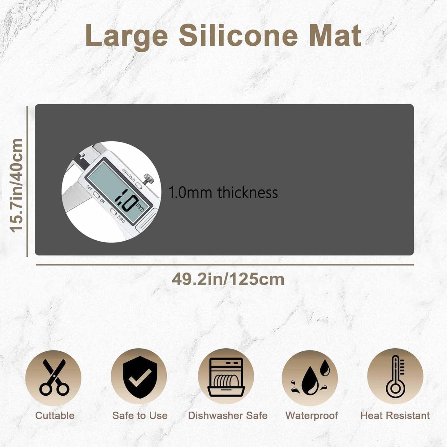49.2"x15.7"(125cmx40cm) Large Silicone Mats for Kitchen Counter, Non-Slip Placemats, Heat Resistant Countertop Protector, Waterproof Craft Mat, Black