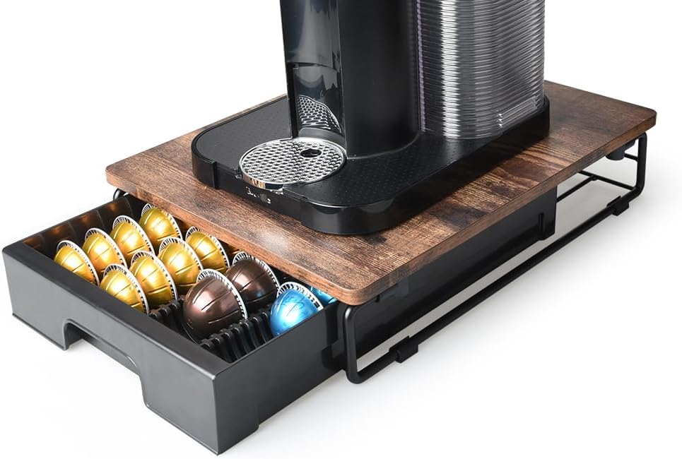 EVERIE Wooden Coffee Pod Storage Drawer Holder Compatible with Nespresso Vertuoline Capsules, Rustic Brown, NP01-WD01